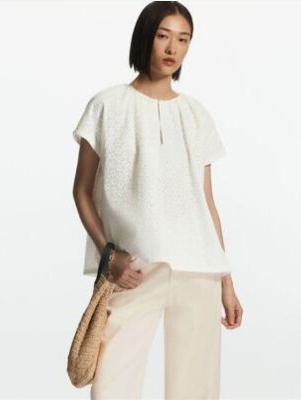 COS White Eyelet Swing Shape Cap Sleeve Top Sz 4 Oversized 100% Cotton